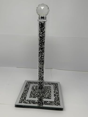 Black & Silver Crushed Diamond Crystal Glass Paper Towel Holder – 31cm Freestanding Chrome Roll Dispenser, Diamante Design Luxury Kitchen & Home Décor Accessory