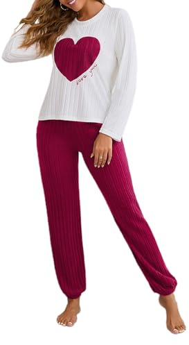 Pijama Invierno Franela Mujer Felpa Conjunto de Camiseta Manga Larga y Pantalon Largo Suave Ropa Casa con Patrón de Corazón Cálido Cómodo Ropa de Dormir Forro Polar