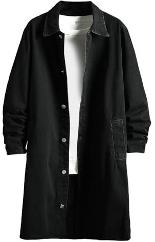 RLEHJN Denim Jacket Mens Long Trench Coat Lightweight Button Down Jean Jacket Casual Vintage Cowboy Outerwear Longline Loose Fit Shirts Turn-Down Collar Coats with Pockets M-5XL