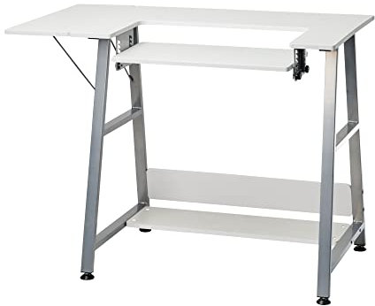 Sewing Online Kleiner Nähtisch, weiß mit silbernen Beinen – Nähmaschinentisch mit verstellbarer Plattform, Drop-Leaf-Verlängerung und Ablagefläche. Verwendung als Quilt-/Basteltisch oder Computertisch