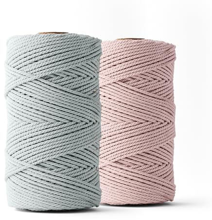 LEDENT Makramee Garn (3mm, 2 x 120M, Hellrosa & Mausgrau) - Doppelt gedrehtes Seil aus 100% Recycelter Baumwolle zum Basteln - Dickes Makramee Garn für kreative Projekte