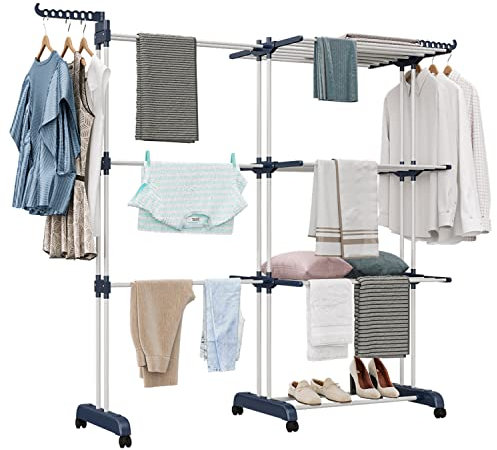 Shrivee 3 Etagen WäScheständer Turm 75-200cm Ausziehbarer mit 2 Drehbare Flügeln Hoch 180cm Platzsparend Clothes Drying Rack mit Rädern für Wohnung, Balkon & Garten (BlauWeiß)