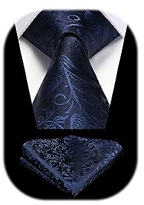HISDERN Cravate Bleu marine Paisley pour homme Cravate de fête mariage et ensemble de carré poche pour affaires formelles