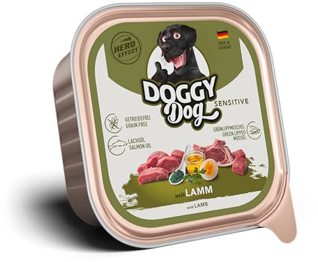 Doggy Dog Paté Agneau Sensitive, 10 x 150 g, Nourriture Humide pour Chien, sans céréales, avec Huile de Saumon et Moule aux orles Vertes, Aliment Complet particulièrement Bien toléré, fabriqué en