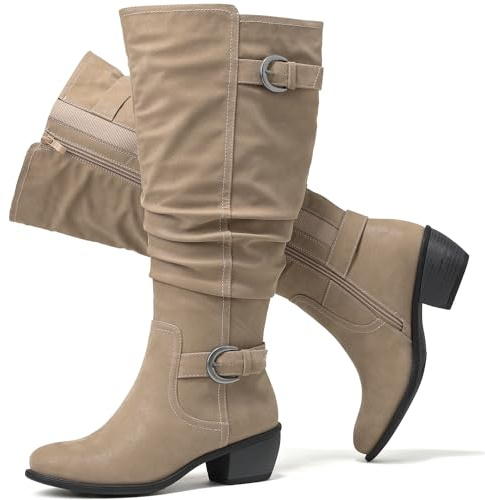 Luoika Women's Extra Wide Calf Knee High Boots, Wide Width Slouchy Knee-High Boots Low Stacked Heel Winter Fall Plus Size Boots., Khaki 102, 9 X-Wide
