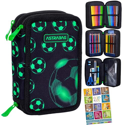 Goldkids - Federmäppchen 3 Fächer - Mäppchen für Jungen und Mädchen - Federmappe 3-Fach Federtasche Gefüllte Schüleretui 46-teilig - Schulmäppchen und Hausaufgabenheft - Fußball Motiv