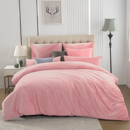 Soifox Ropa de cama de franela para invierno, 140 x 200 cm, color rosa, suave y cálido, funda de edredón y funda de almohada de 80 x 80 cm con cremallera