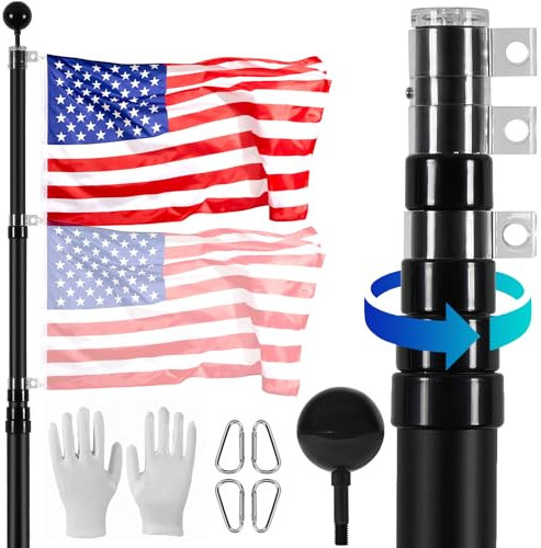 VEVOR Kit de mât de Drapeau télescopique 6090 mm, mât de Drapeau en Alliage d'aluminium Robuste dans Le Sol pour extérieur, mât de Drapeau à 3 Modes d'affichage avec Accessoires Professionnels, Noir