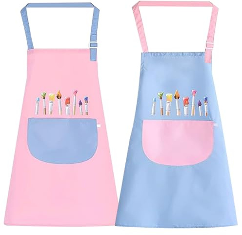 XSYKJGS Malschürze Kinder 2 Stück Schürze Kinder Schule, Verstellbare 6-10-12 Jahre Kochschürze Kinder Jungen Mädchen mit Taschen für Basteln Malen Backen Kochen（Blau und Rosa）