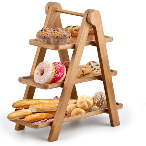 DODUOS Etagere 3 Etagen Holz, Holzetagere mit Serviertellern Aus 3 Etagen, Etagere Rechteckig Etagere für Raclette, Rechteckiges Serviertablett Gestuftes Tablett Aus Holz für Picknicks