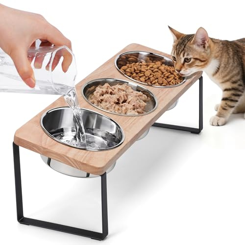 Elevated Cat Bowls with 3 Stainless Steel Bowls, 15° Tilted Raised Cat Food Bowl Wood Pet Bowls with Stand Anti Vomiting 2 Stainless Steel Bowl for Cats and Puppy