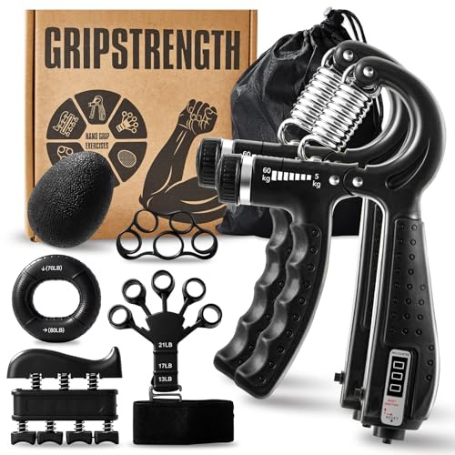 7PCS Grip Strengthener Kit, 2 Adjustable Forearm Strengthener, 1 Storage Bag,Finger Stretchers, Grip Ring, Stress Relief Ball, Finger Exercise, User Manual, UK Hand Gripper
