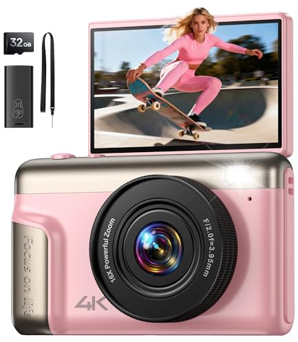 4K Appareil Photo Numérique Compact: 64MP Digital Camera avec 16X Zoom IPS Écran Rabattable Camescope - Cadeau pour Débutants Enfant Adolescent - Vintage Caméra Vlog Garçon Fille Rose