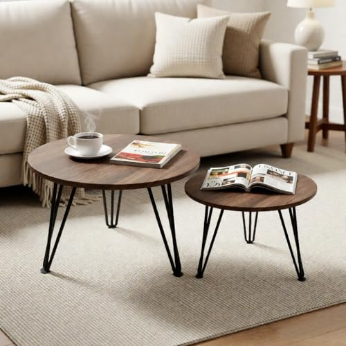 ZOYIZEN Round Coffee Table Set of 2 Side Tables for Living Room, Φ 50 cm and Φ 40 cm, End Table for Bedroom Restaurant， Walnut
