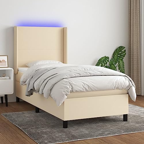 Tonture resårsäng med madrass och LED, krämfärgat tyg, 80 x 200 cm, höjdjusterbar sänggavel, fickfjädermadrass, inklusive madrassdyna