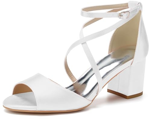 HFWXYSA Zapatos De Novia De Tacón Ancho para Mujer Punta Abierta Satén Correa En El Tobillo Sandalias De Boda,Blanca,41 EU