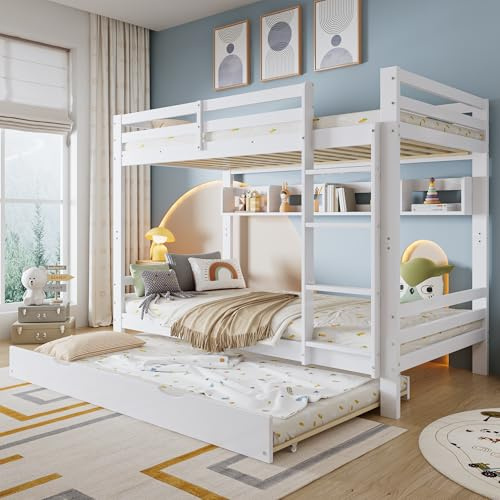 Yihomfy Lit Superposé Adolescent 90×200 cm, Lit Enfant 2 Places avec Lit gigogne, Échelle de sécurité, Protection antichute, Structure Pin Robuste, Blanc-A