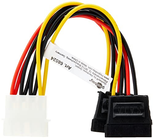 goobay SATA Stromkabel Y-Adapter, Molex auf 2x SATA Strom Splitter, 4-Pin auf 15-Pin Verteiler für SSD, HDD Festplatten & DVD Laufwerke - 98524