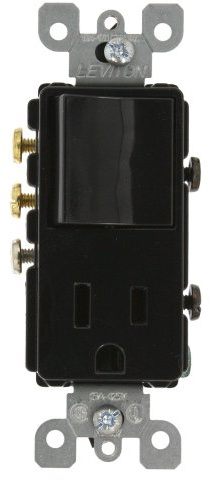 Leviton 15 Amp, 120 Volt, Decora 3-Way/AC Combination Switch, Commercial Grade, Grounding, 5645-E, Black