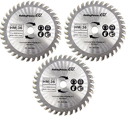 3 Stück Mini Handkreissäge 3er-Set HM Sägeblatt Holz Ø 85x10mm 36 Zähne für LUX MTKS-600 A