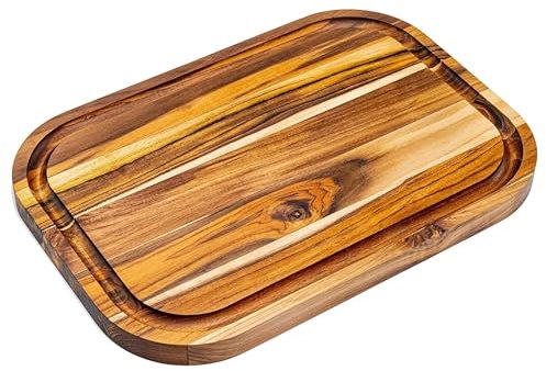 Erreke Planche a Decouper Bois, Teck Naturel Epaisseur Robuste 2.4 cm, Cuisine ou Barbecue Couper ou Servir Viande Fromage Pain Planche à Découper 40x28x2.4 cm (avec une rainure pour le jus)