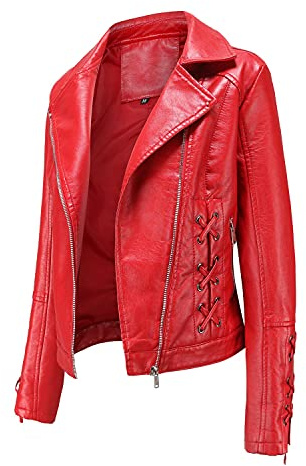 ATZTD Giacche e cappotti da donna in pelle e finta pelle con lacci intrecciati nero rosso verde chiaro beige (rosso, XL)
