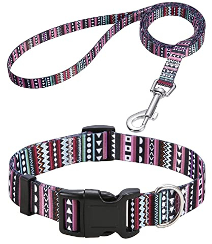 Mihqy Dog Collar and Lead Set with Bohemia Floral Tribal Geometric Patterns - Soft Ethnic Style Collar Adjustable for Small Medium Large Dogs(Bohemian Purple Set,L)