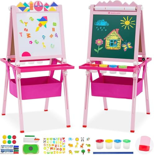 Kinder Staffelei mit Papierrolle Doppelseitige Whiteboard und Tafel Kindertafel aus Holz Höhenverstellbar Standtafel 80-116cm Maltafel Staffelei Kindertafel mit Puzzle-Tangram und Anderes Zubehör