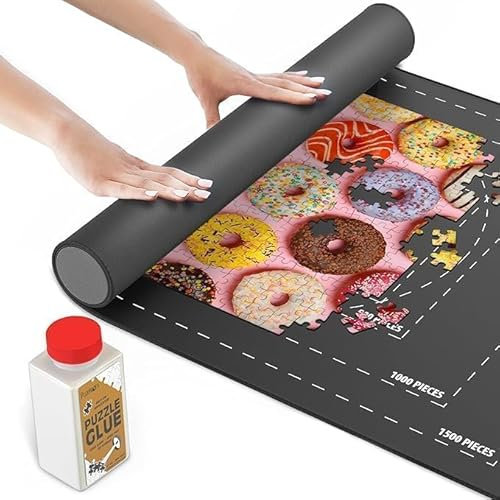 Puzelworx Puzzle Jigsaw Mat, Jigsaw Roll Up Mat Board Foldable - 1500 Pieces Protector Puzzle Board, Saver, Organizer, Non-Slip Rubber Bottom + Bonus Glue