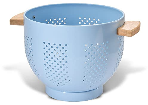 beifeier Scolapasta in Metallo con Manico in Legno, 22 cm, Grande Colapasta da Cucina con Base Stabile, Perfetto per Pasta, Frutta, Verdura (Blu)