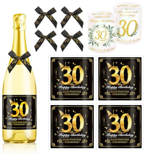 HOWAF 4 Flaschenetikett 30. Geburtstag, Alles Gute zum Geburtstag Flaschenetiketten Selbstklebend Schleife, mit 1 Windlicht Tischdeko, 30 Geburtstag Geschenk Geburtstagsgeschenk für Frauen Männer