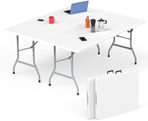 HLPB Folding Table - 2 Pcs, 6 ft Portable Camping Table with Handle and Safety Locks, Foldable Plastic Dining Table for Indoor/Outdoor Use, Perfect for Picnics and Parties