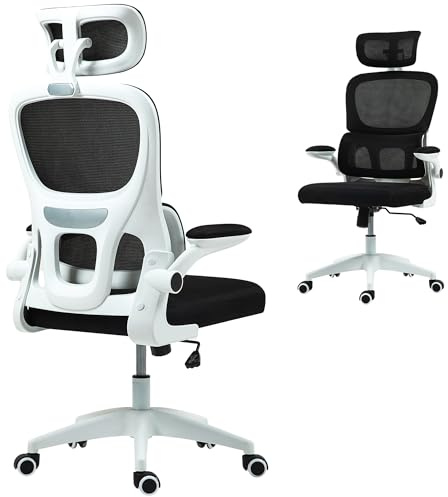 HOMCOM Sedia da Ufficio Ergonomica con Braccioli Ribaltabili e Poggiatesta, Sedia Scrivania Girevole con Altezza Regolabile, Supporto Lombare e Funzione Dondolo in Tessuto in Rete per Studio, Nero