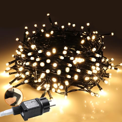 20 m LED-ljusslinga för utomhusbruk, 200 meter, väderbeständig med uttag, julbelysning utomhus, varmvit, med 8 lägen och timerfunktion, julbelysning för jul, bröllop