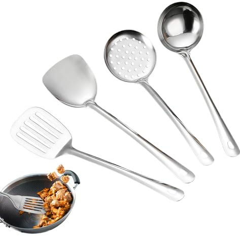 Hainue 4 Pieces Stainless Steel Kitchen Utensils Set,Comes with Soup Ladle, Skimmer,Slotted Spoon,Solid Spatula Cooking Utensil Set,Kitchen Utensils Set Applies to Cooking Tools for Home