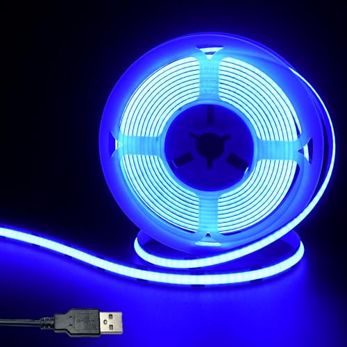 Clearhill 5V USB COB LED-ljuslistor, Blå, 8mm bredd 320LEDs/m, 8W/m, CRI90, 16.4FT/5M, Elektropläterad dubbelsidig panelbelysningslist, Flexibel lista för inomhusdekoration