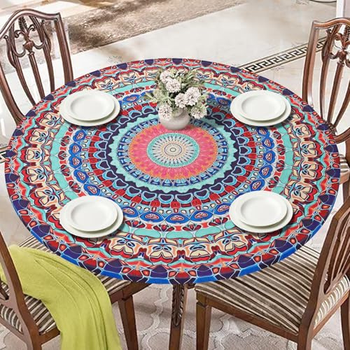 ASTNIC Round Tablecloth, Waterproof Elastic Edged Fitted Vinyl Table Cloth Washable Oil-proof Mandala Table Protector Cover for Dinning Room Kitchen Picnic (Fit 36-44 Round Table)