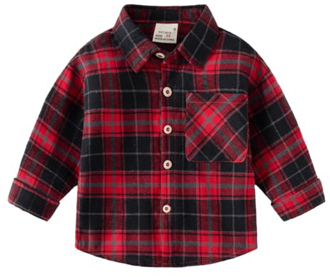 LUVCES Chemises à Carreaux en Flanelle pour Garçons, Décontractées Boutonnées en Coton Chemisier Haut Classic Vêtements Noël Rouges pour Enfants Plaid Rouge 3-4 Ans