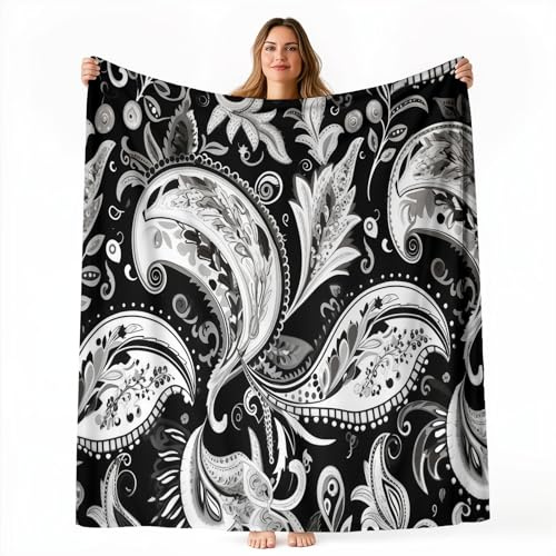 Genérico Suave Manta de Lana para Cama Sofá 220 x 240 cm, Arte Tradicional Cachemir Patrón Cálida Sherpa Manta para Otoño e Invierno - Negro Blanquecino Franela Frazada Todas Estaciones
