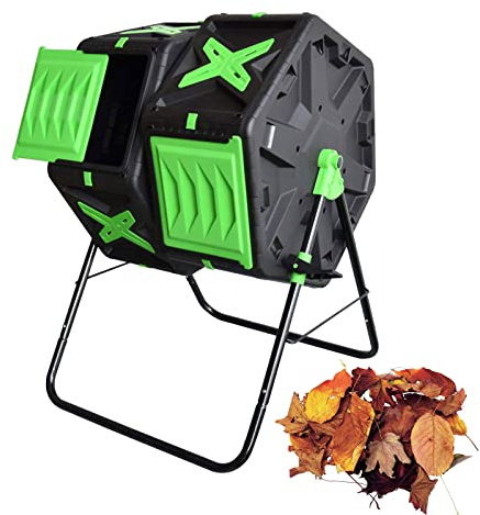 Compostiera da giardino da 140 l, pattumiera girevole a 360°, doppia camera per esterni con porte scorrevoli, telaio in acciaio resistente per un compostaggio efficiente e facile da usare