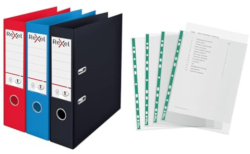 Rexel Choices A4 Lever Arch Files, 3-Pack Assorted Colors (Black, Red, Blue), 75mm Spine, Durable Plastic on Board + 100 x A4 Punched Pockets, 34 Micron Thickness, Clear (Bundle)
