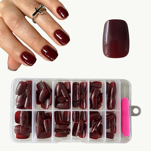 120 Pezzi Unghie Finte Press-on Bordeaux, Unghie Corte Artificiali, Copertura Completa Unghie Finte per Principianti DIY Manicure e Nail Art