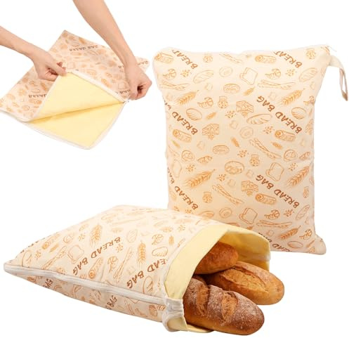 2Pcs Beeswax Bread Bags,43x33cm Bread Bag with L Shaped Zipper,Reusable Beeswax-Lined Cotton Storage Bags Homemade Waxed Food Storage for Keeping Toaster Loaf Sandwich Fruits Vegetables Fresh(Style 1)
