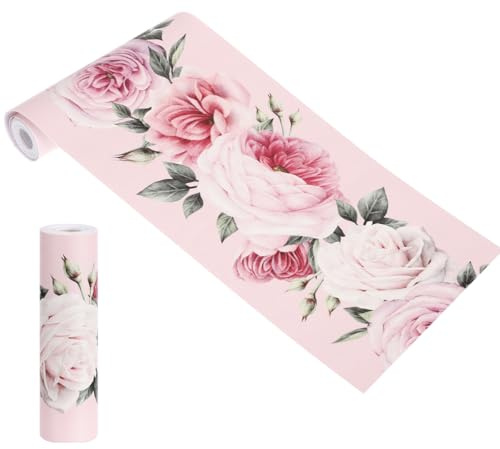 LIFKOME Waterproof Peel and Stick Wallpaper Border 3 Meters Pink Rose Floral PVC Tiles Self-Adhesive Sticker for Bathroom Kitchen Living Room Wall Decoration