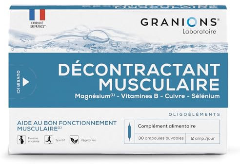 Décontractant Musculaire GRANIONS | Réduit les crampes, gênes, raideurs musculaires | Magnesium, Vitamine B, Cuivre, Selenium | Pour toute la famille | 30 ampoules | Fabriqué en France