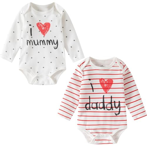 Lullaby Layers Baby Bodysuits 2 Pack – I Love Mummy & Daddy Long Sleeve Cotton Rompers – Unisex Baby Girl & Boy Outfits