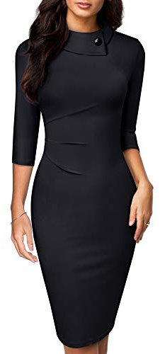HOMEYEE Damen Vintage Revers Geraffte Bodycon Business Bleistiftkleid B574 (M, Schwarz-L)
