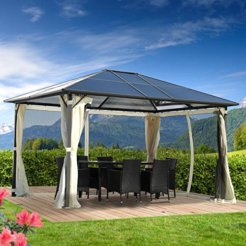 BRAST Alu Pavillon Premium | viele Modelle & Farben | Größen 3x3m 3x4m 3,6x4,8m | inkl. Moskitonetz + LED | TÜV geprüft | wasserdicht | UV-Schutz | festes Dach | 3x4m Beige + LEDs