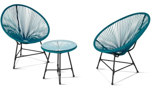 IDMarket - Salon de Jardin Izmir Table et 2 fauteuils Oeuf Cordage Bleu Canard