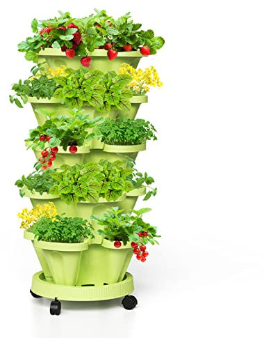Tectsia Macetas apilables de Fresas, Torre de jardín Vertical, macetas apilables de 5 Niveles con Ruedas móviles y platillo Inferior para Interiores y Exteriores, Color Verde